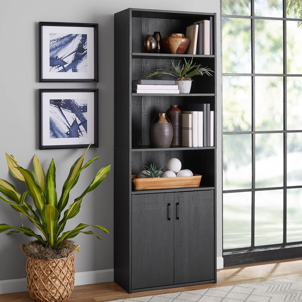 5 Shelf Bookcase with Doors, Black O203