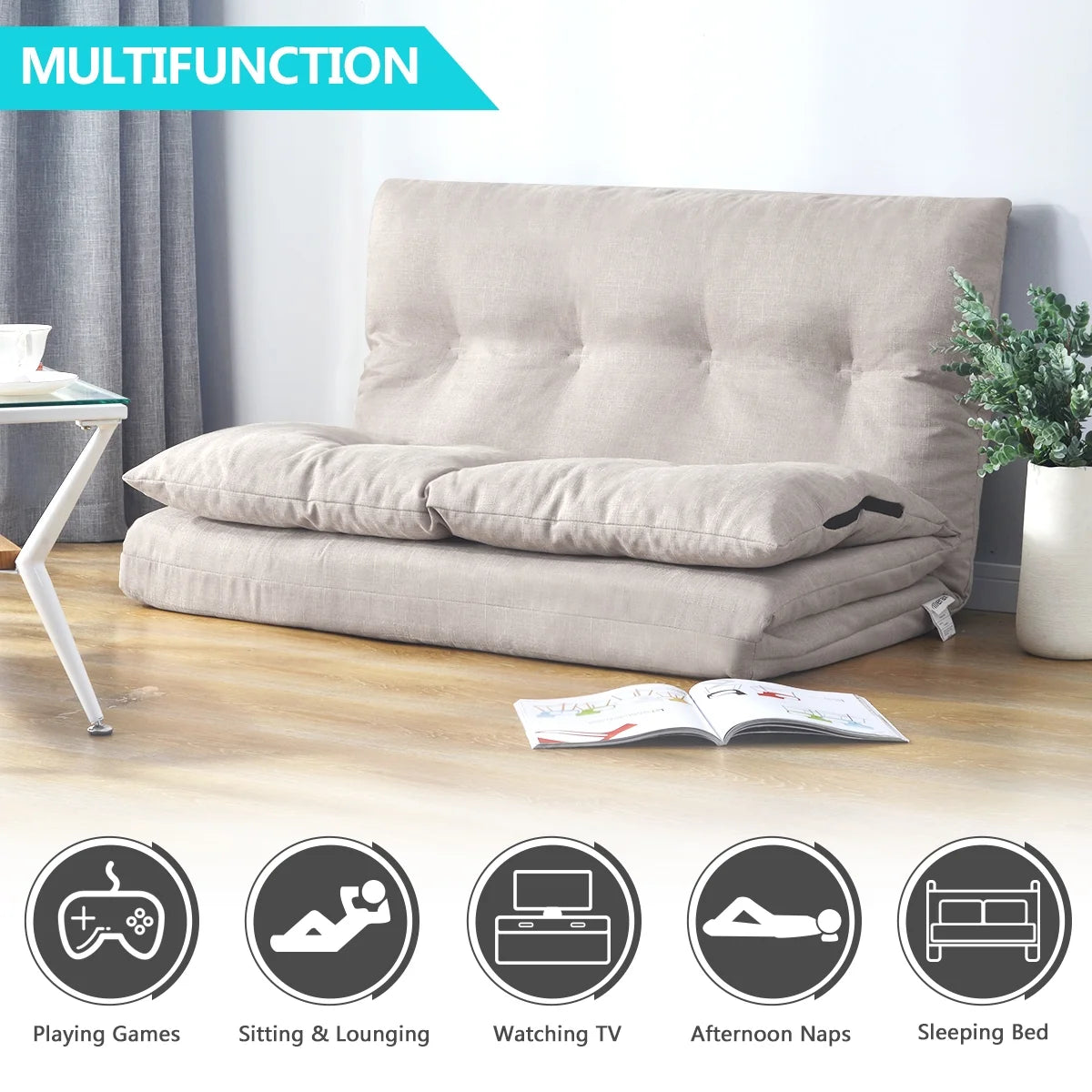 Foldable Double Chaise Lounge Floor Sofa Chair with Two Pillows F34293