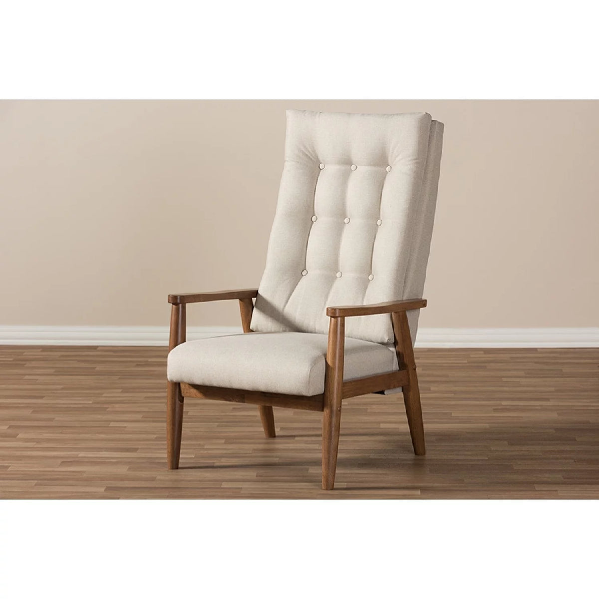 Walnut Brown Wood and Light Beige Fabric Upholstered S691