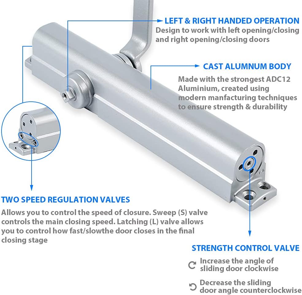 Adjustable Commercial Hydraulic Door Closer, Grade 1, Silver Q90856
