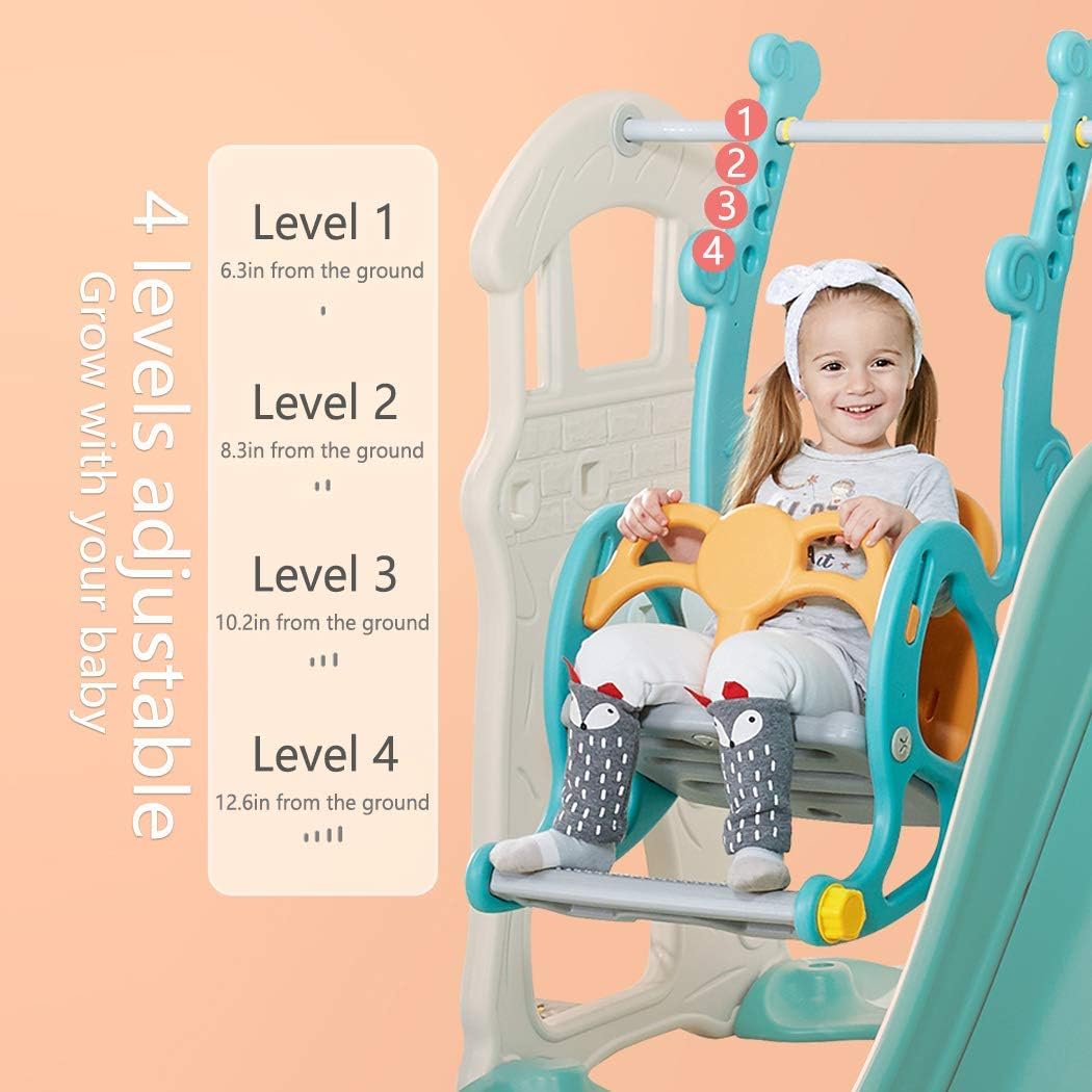 3 in 1 Toddler Slides and Swing Set with Basketball Hoop Kids Climber Playset Blue C506