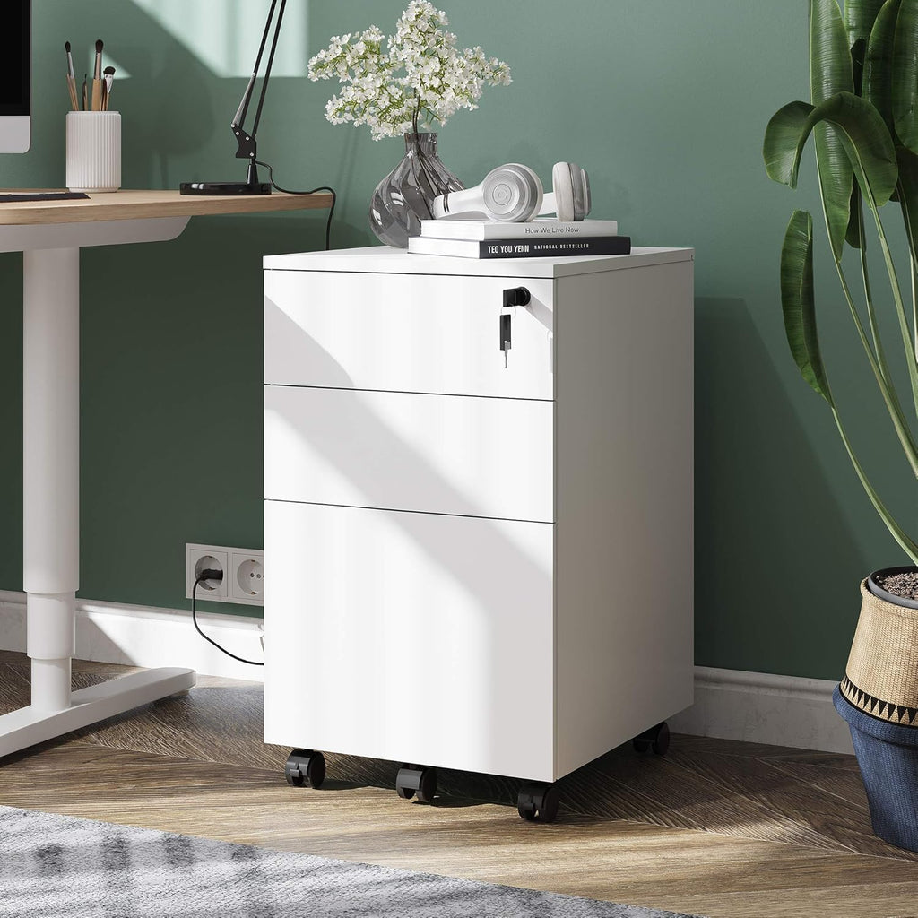 White 3 Drawer Rolling File Cabinet with Lock Z805229
