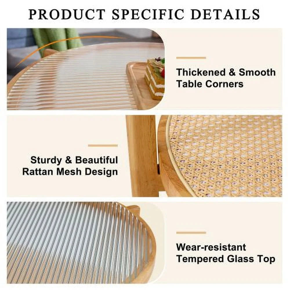 Round 2-Tier Glass Coffee Table with Solid Wood Legs N8785