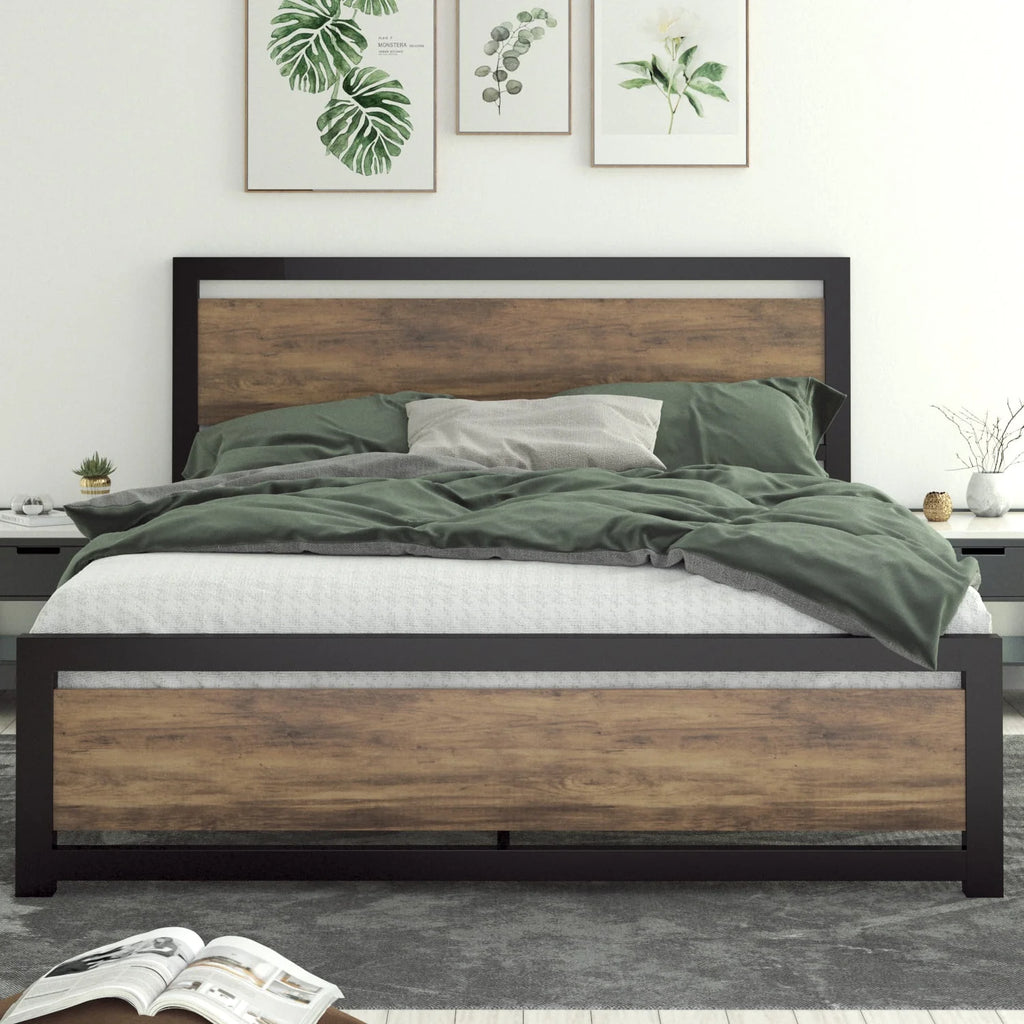 Queen Size Metal Platform Bed Frame with Wooden Headboard Footboard U2878