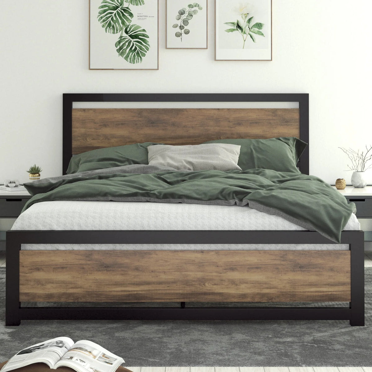 Queen Size Metal Platform Bed Frame with Wooden Headboard Footboard U2878