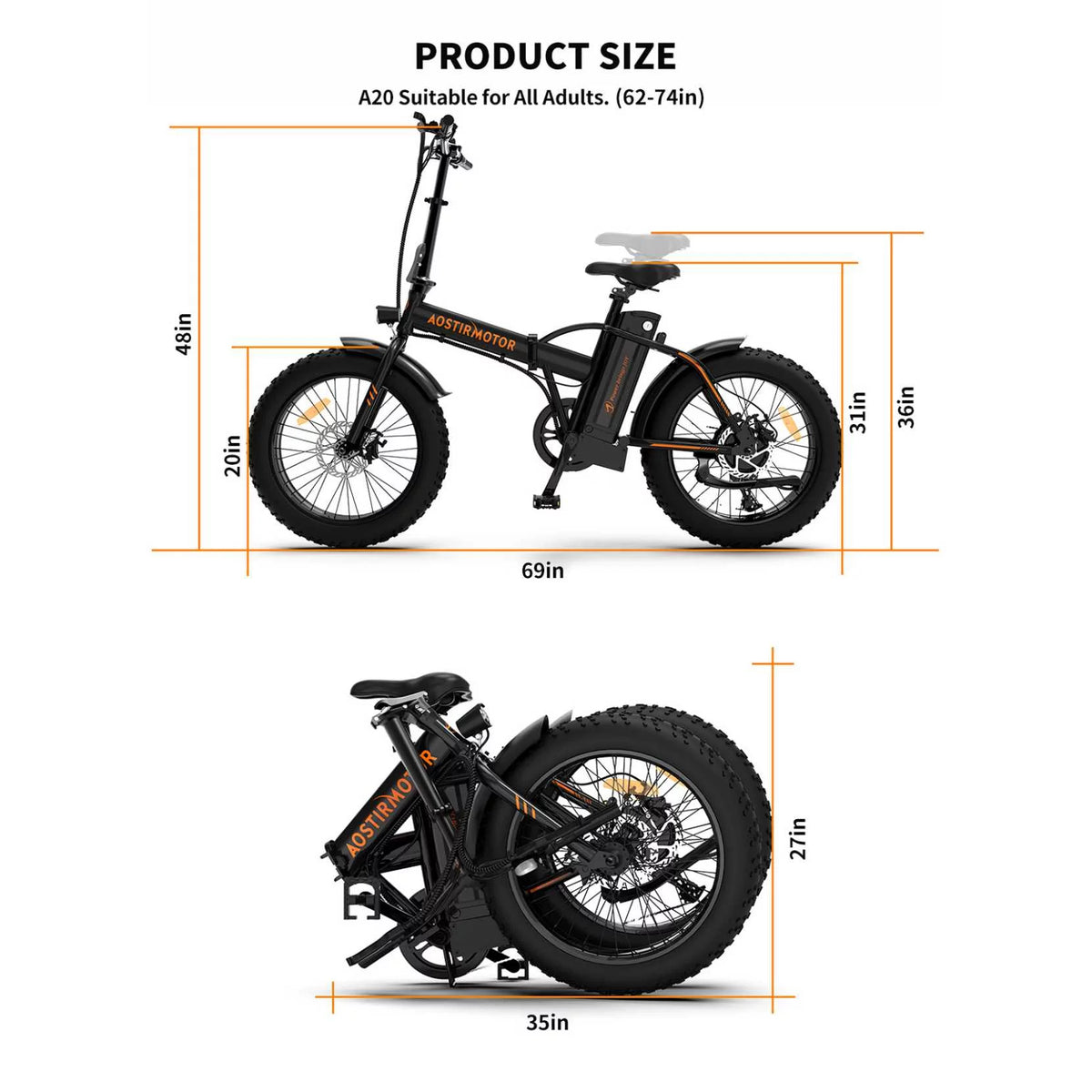 Folding 20x4 Inch Fat Tire Electric Bike with 500W Motor 36V 13AH Removable Lithium Battery T325395