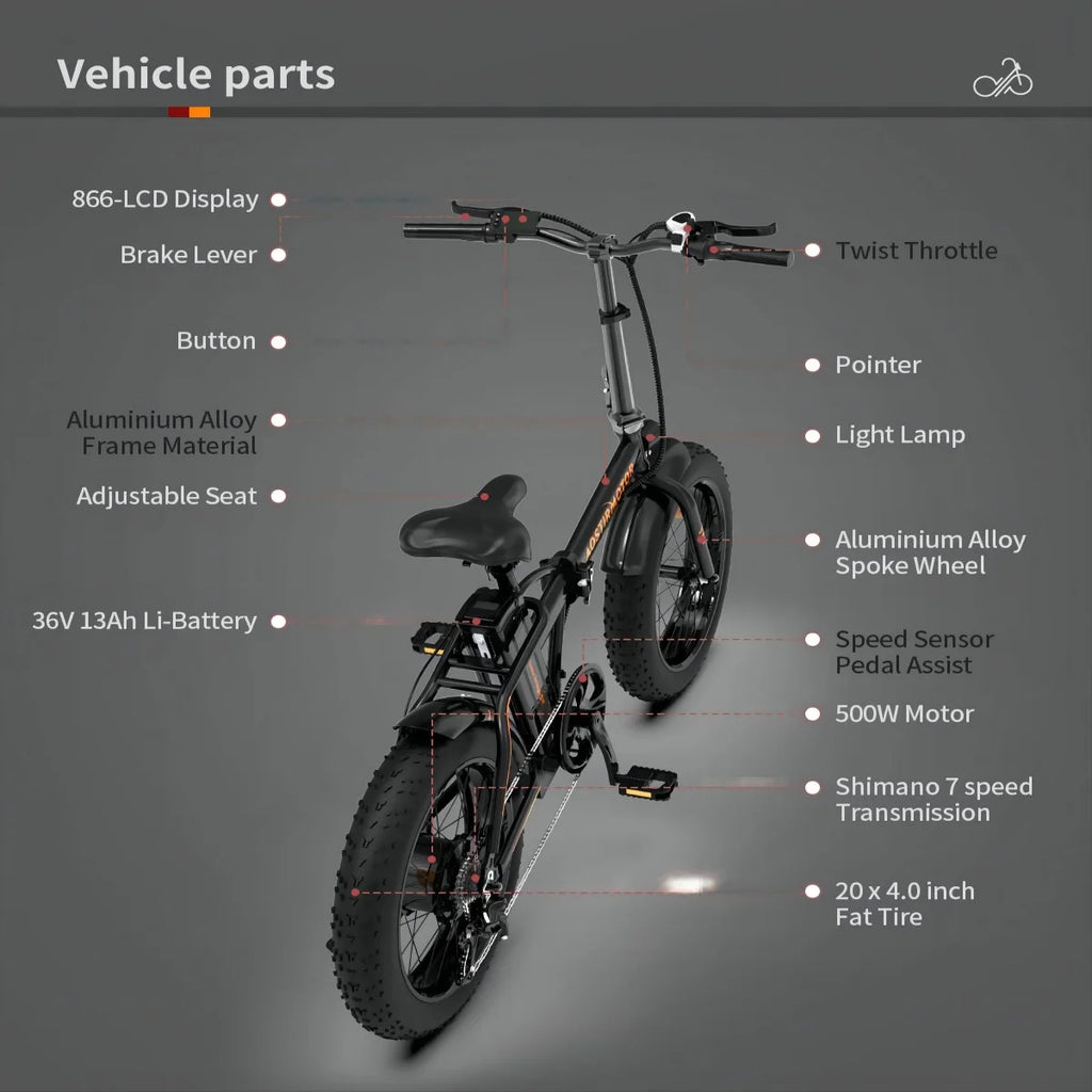 Folding 20x4 Inch Fat Tire Electric Bike with 500W Motor 36V 13AH Removable Lithium Battery T325395