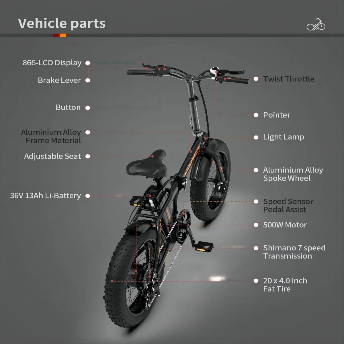 Folding 20x4 Inch Fat Tire Electric Bike with 500W Motor 36V 13AH Removable Lithium Battery T325395