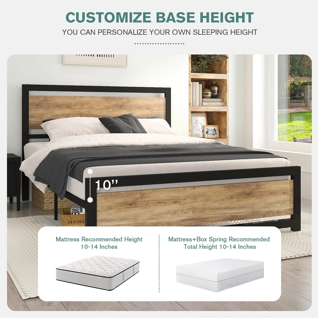 Queen Size Metal Platform Bed Frame with Wooden Headboard Footboard U2878