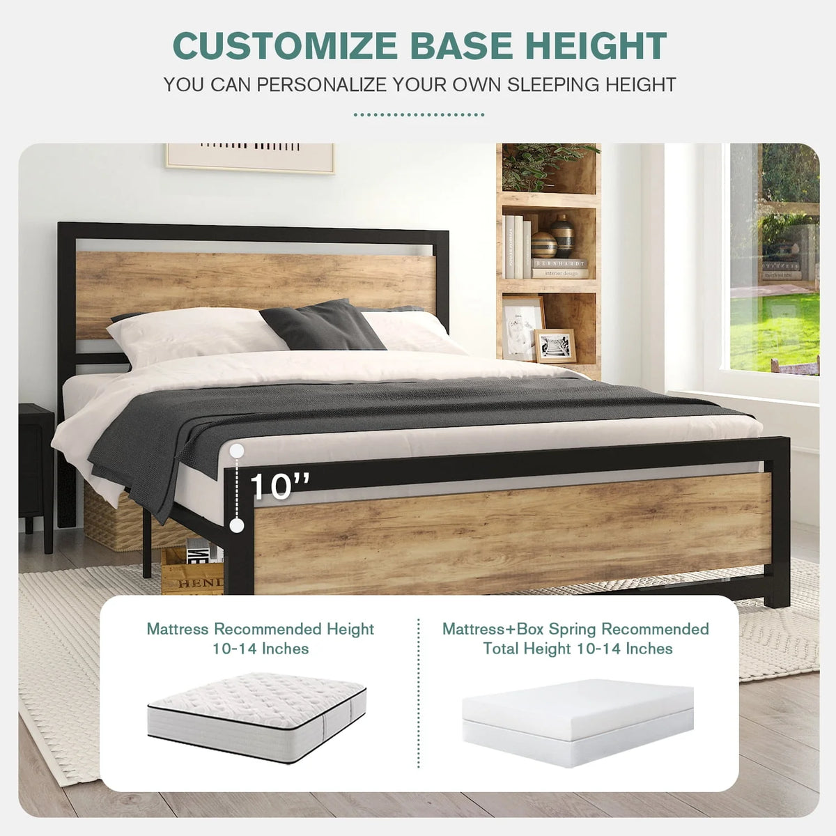 Queen Size Metal Platform Bed Frame with Wooden Headboard Footboard U2878