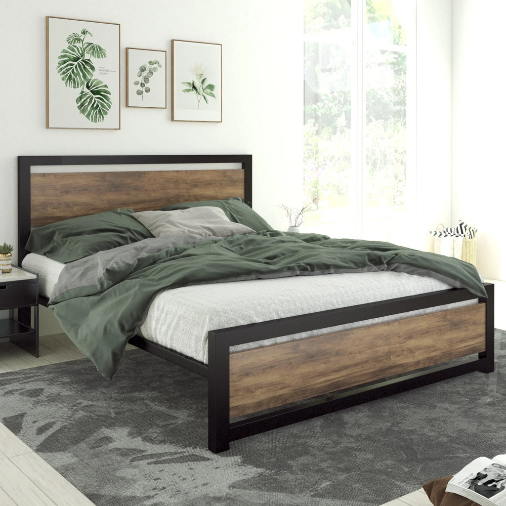 Queen Size Metal Platform Bed Frame with Wooden Headboard Footboard U2878