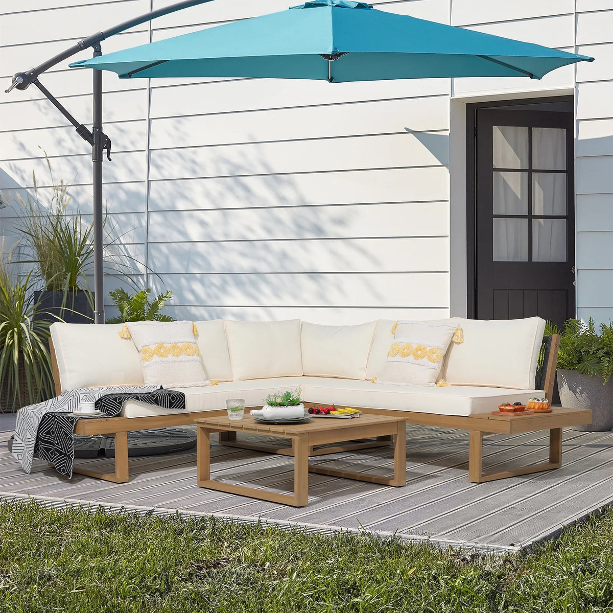 4-Piece Acacia Wood Patio Sofa Set with Cream White Cushion F268405