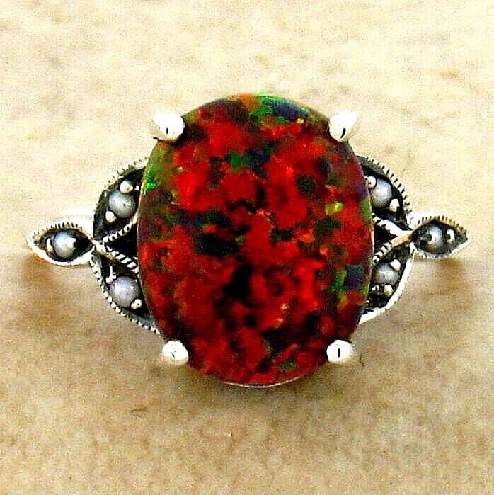925 Sterling Silver Fire Opal & Pearl Ring J5998