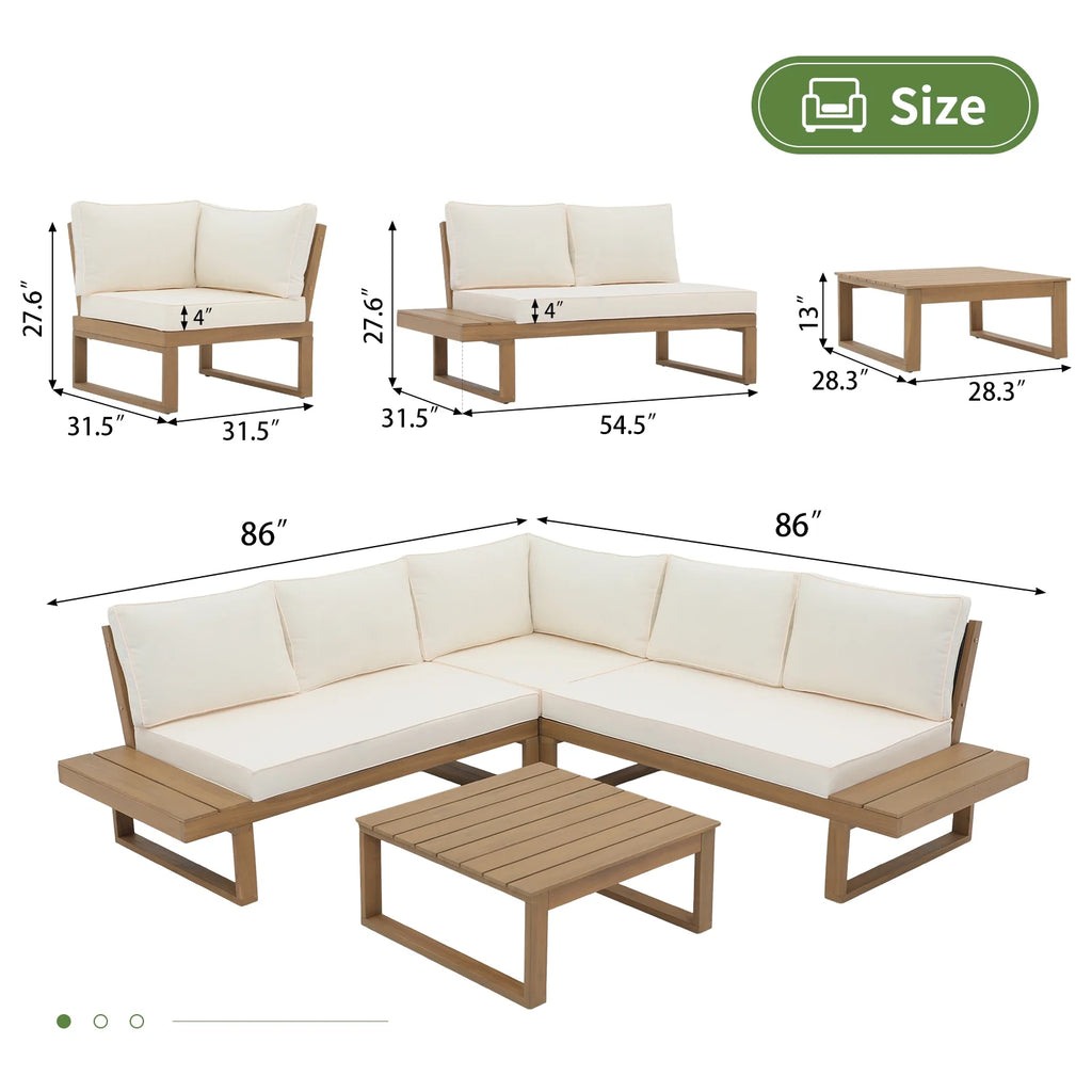 4-Piece Acacia Wood Patio Sofa Set with Cream White Cushion F268405