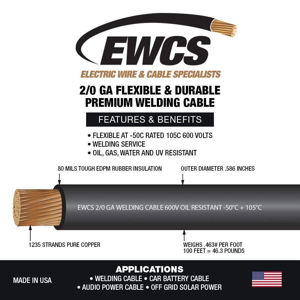 2/0 Gauge Extra Flexible Welding Cable 600 Volt Black 100 Feet Y5645