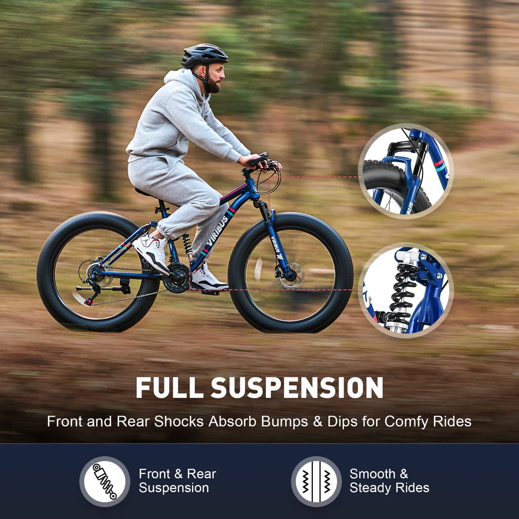 26 Fat Tire Full Suspension Mountain Bike with 21 Speeds Disc Brakes Blue J1055