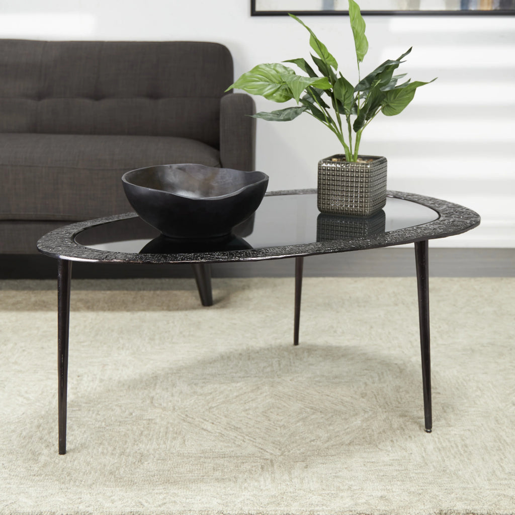 30" x 18" Black Aluminum Oval Coffee Table with Glass Top I3694