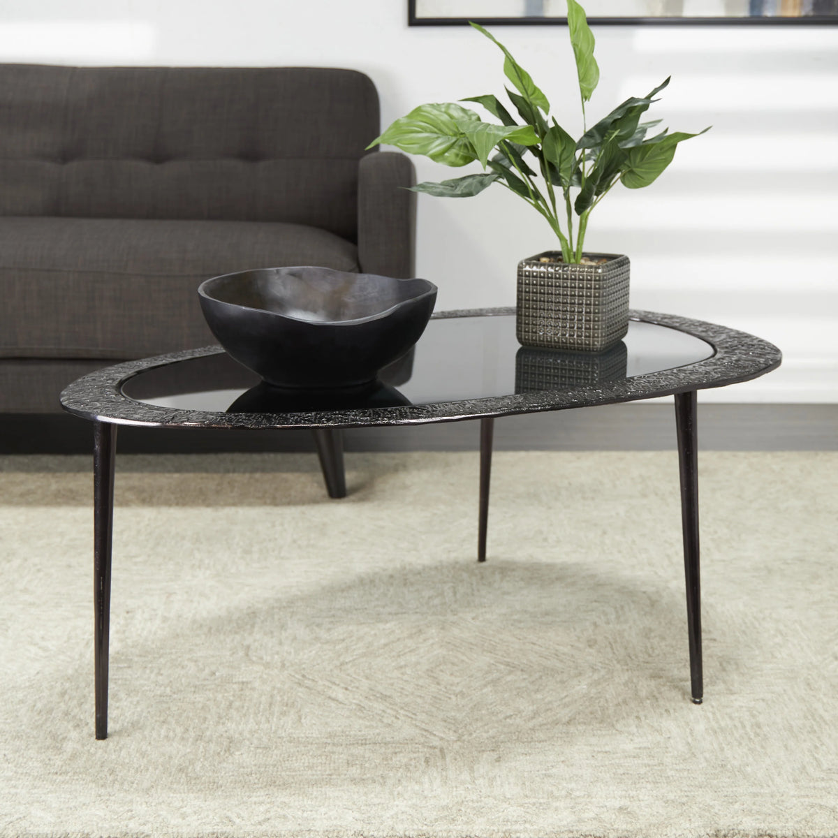 30" x 18" Black Aluminum Oval Coffee Table with Glass Top I3694