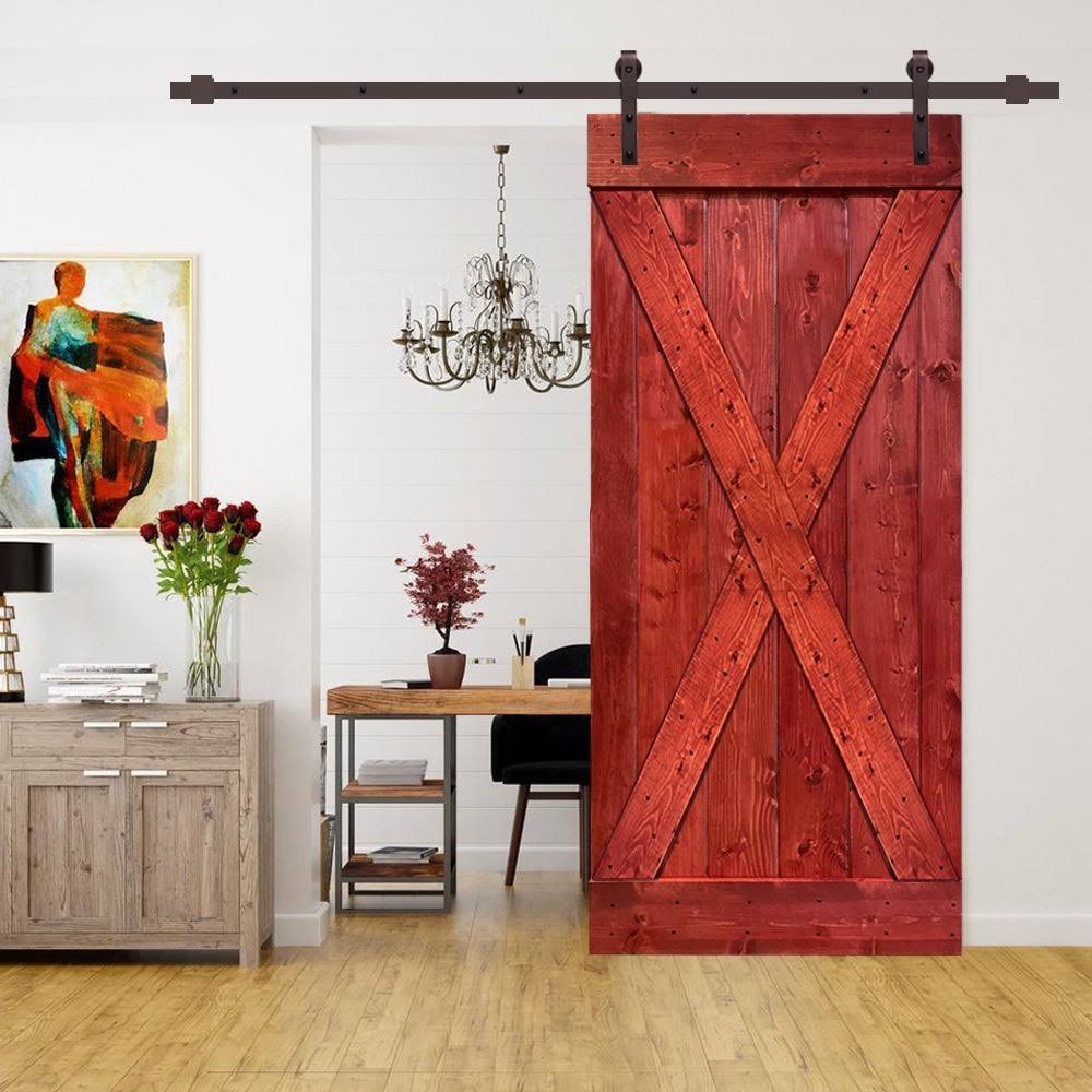 Cherry Red Stained Wood Interior Sliding Barn Door with Hardware Kit V835