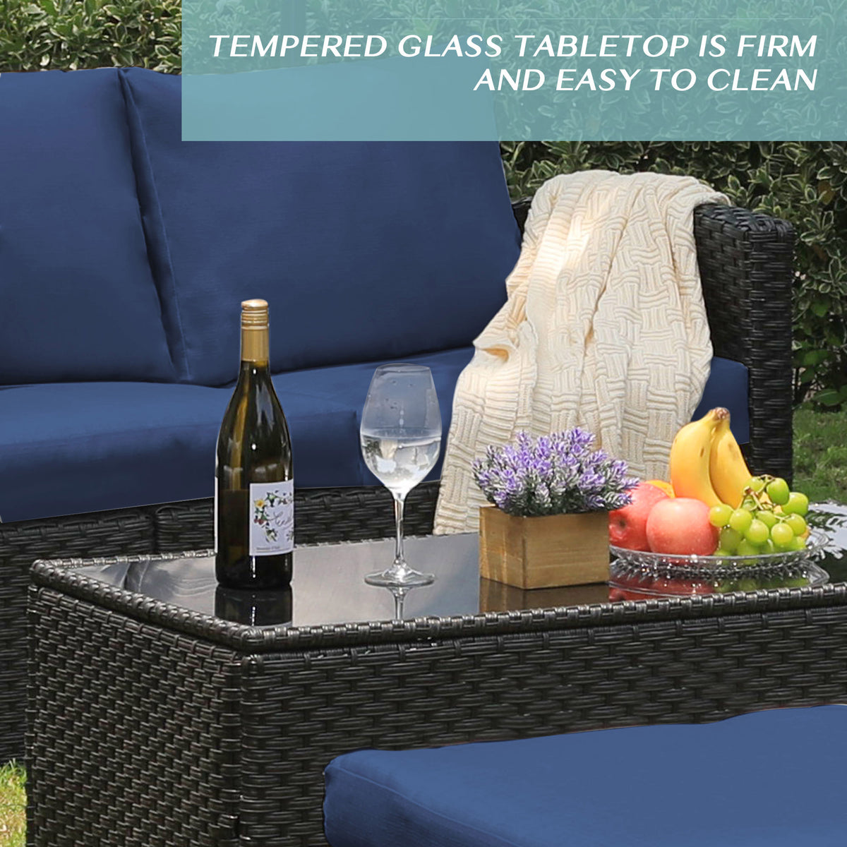 Blue 8 Pcs Wicker Patio Conversation Set with Coffee Table and Ottoman L359