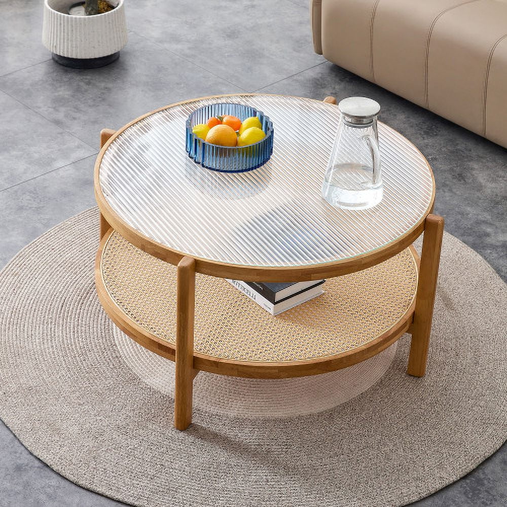 Round 2-Tier Glass Coffee Table with Solid Wood Legs N8785