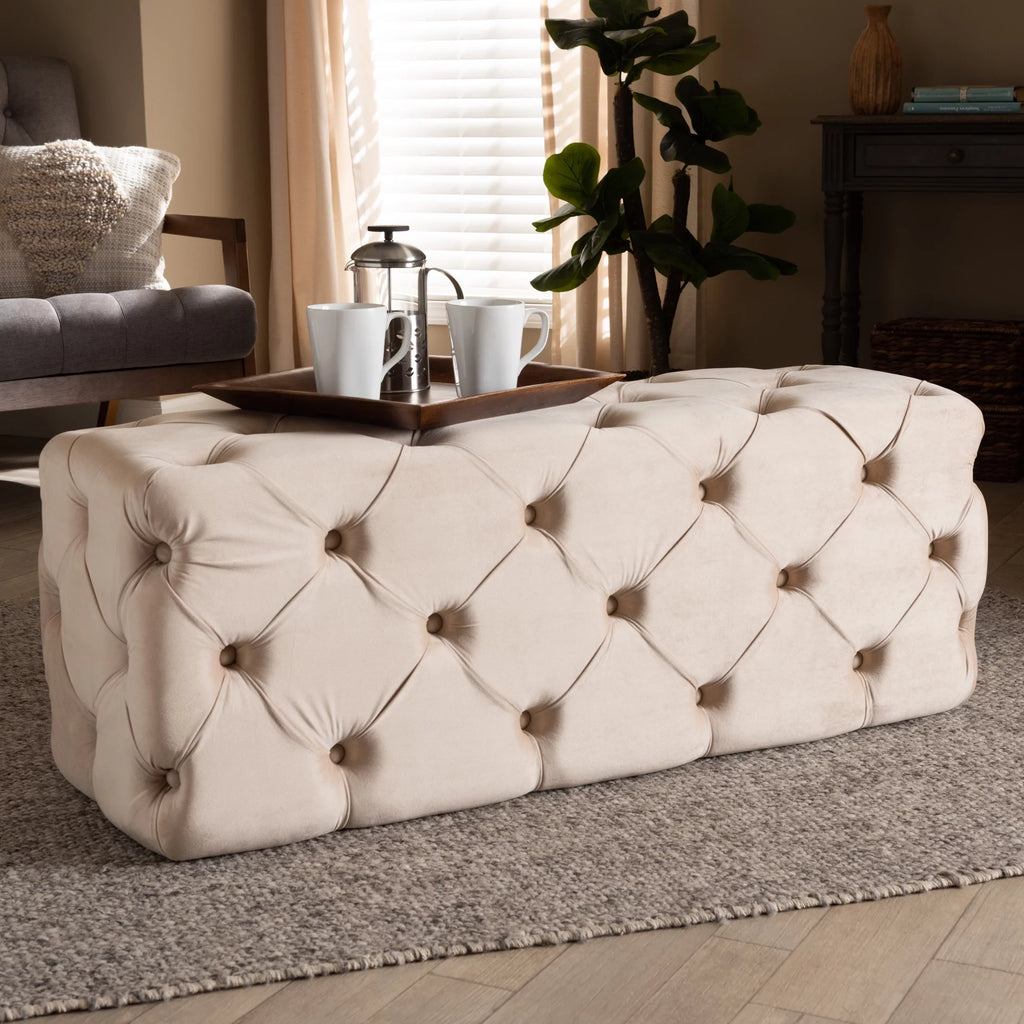 Beige Velvet Button Tufted Bench Ottoman R983