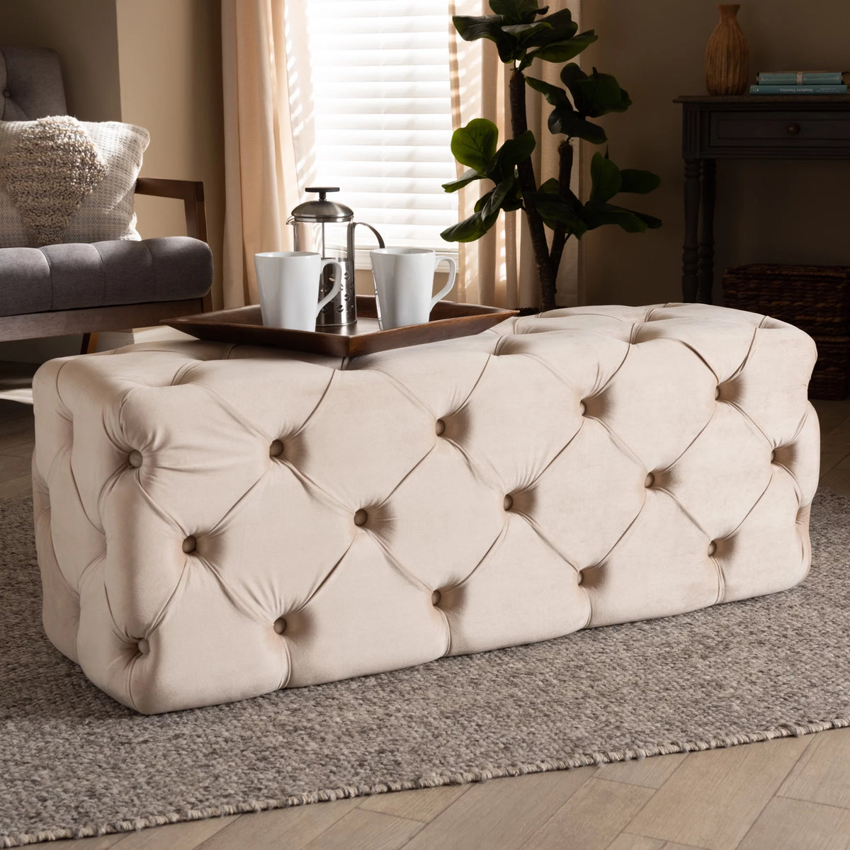 Beige Velvet Button Tufted Bench Ottoman R983