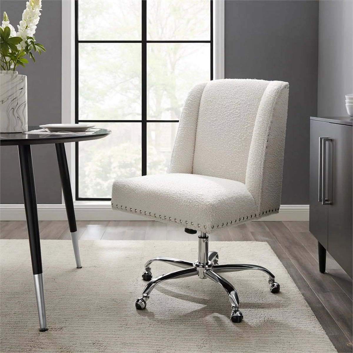 Upholstered Swivel Office Chair in Cream Sherpa V230