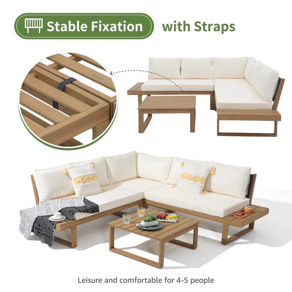 4-Piece Acacia Wood Patio Sofa Set with Cream White Cushion F268405