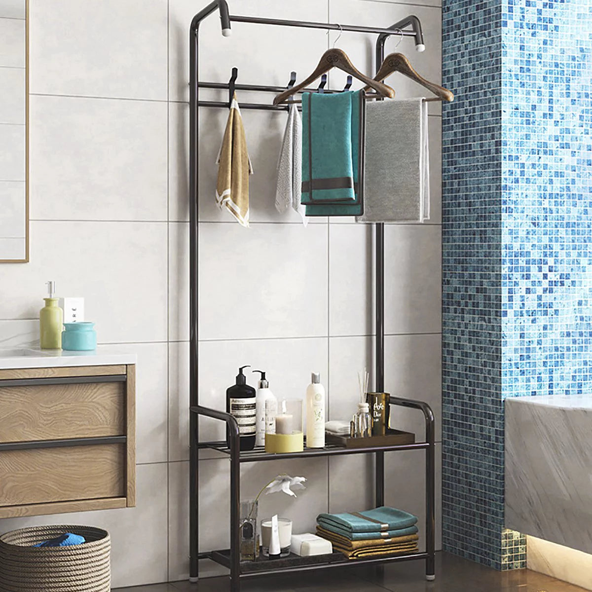 Black Hall Tree with Shoe Storage and 8 Hooks E39803