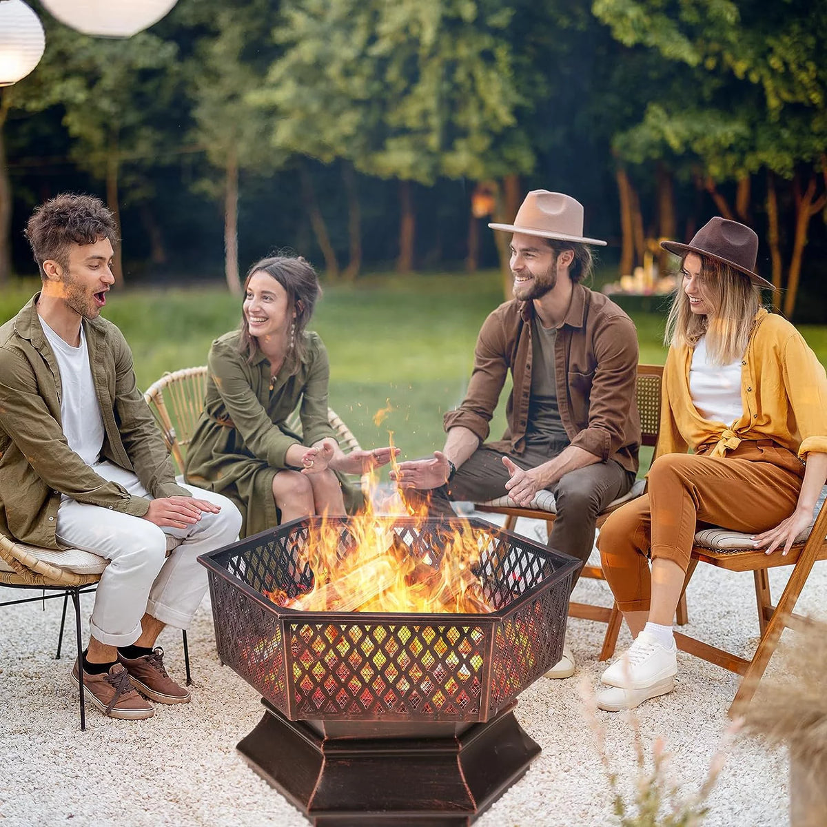 28'' Hex Shaped Steel Wood Burning Fire Pit with Spark Screen & Fire Poker H14804