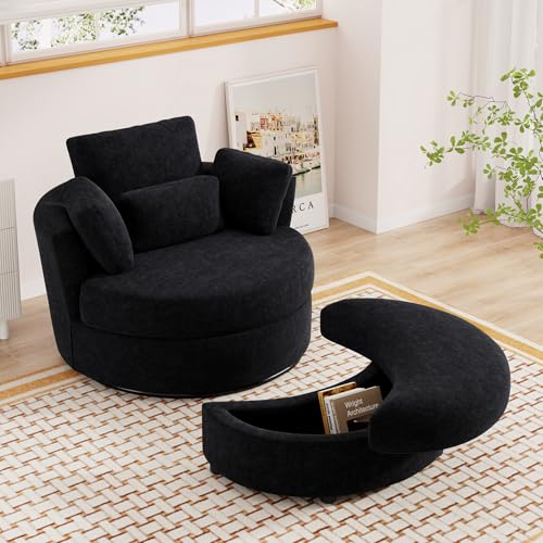 Oversized Orange Chenille Swivel Accent Chair with Storage Ottoman V14264