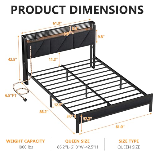 Full Bed Frame with LED Lights and Charging Station N504