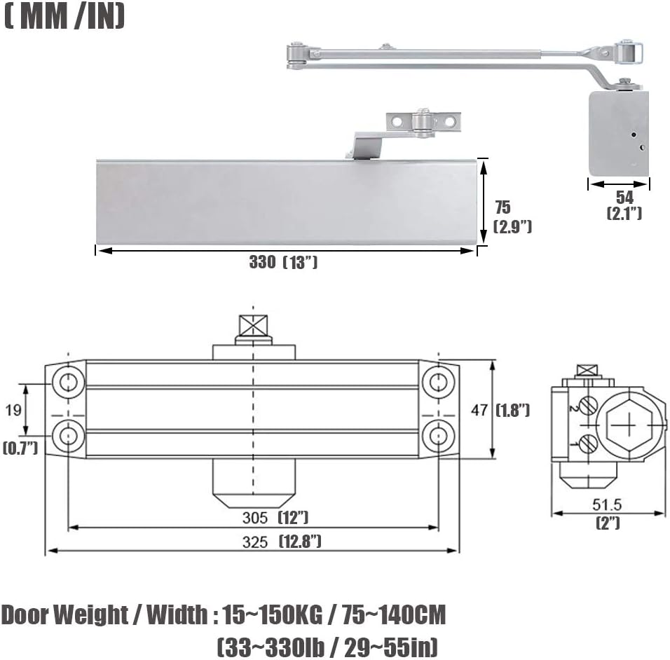 Adjustable Commercial Hydraulic Door Closer, Grade 1, Silver Q90856