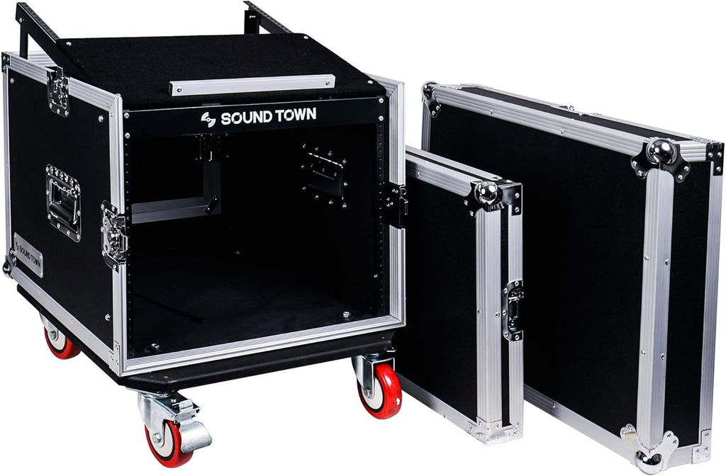 8U PA DJ Pro Audio Rack Road Case with 13U Slant Mixer Top and Casters N839