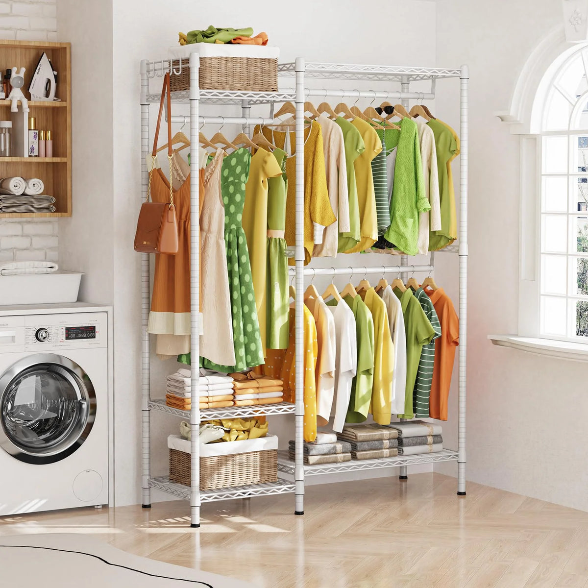 Heavy Duty Portable Clothing Rack with Shelves White S375