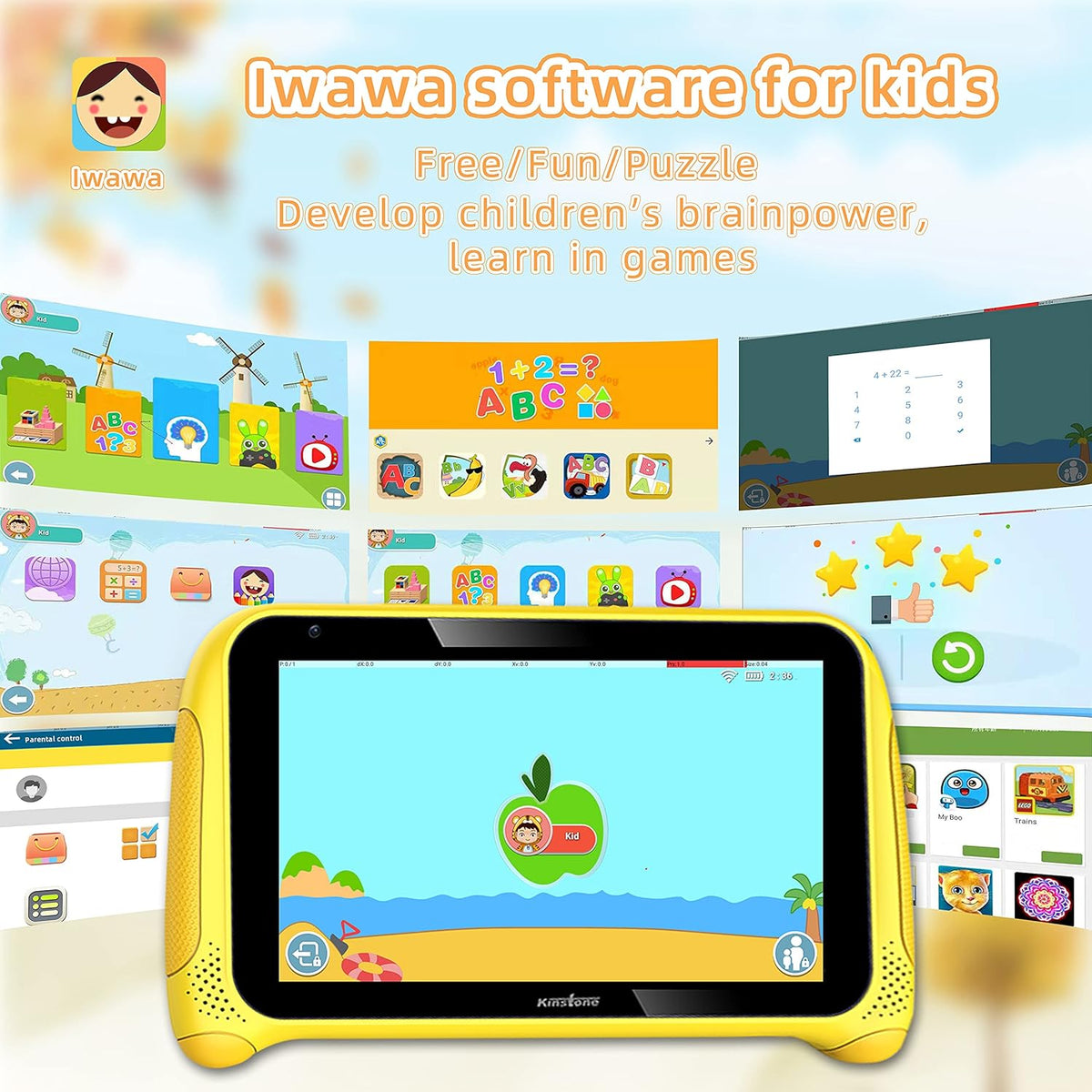 Yellow 7 inch Kids Tablet Android 11 Quad Core 2GB RAM 32GB Dual Camera WiFi Bluetooth Pack of 2 F45438