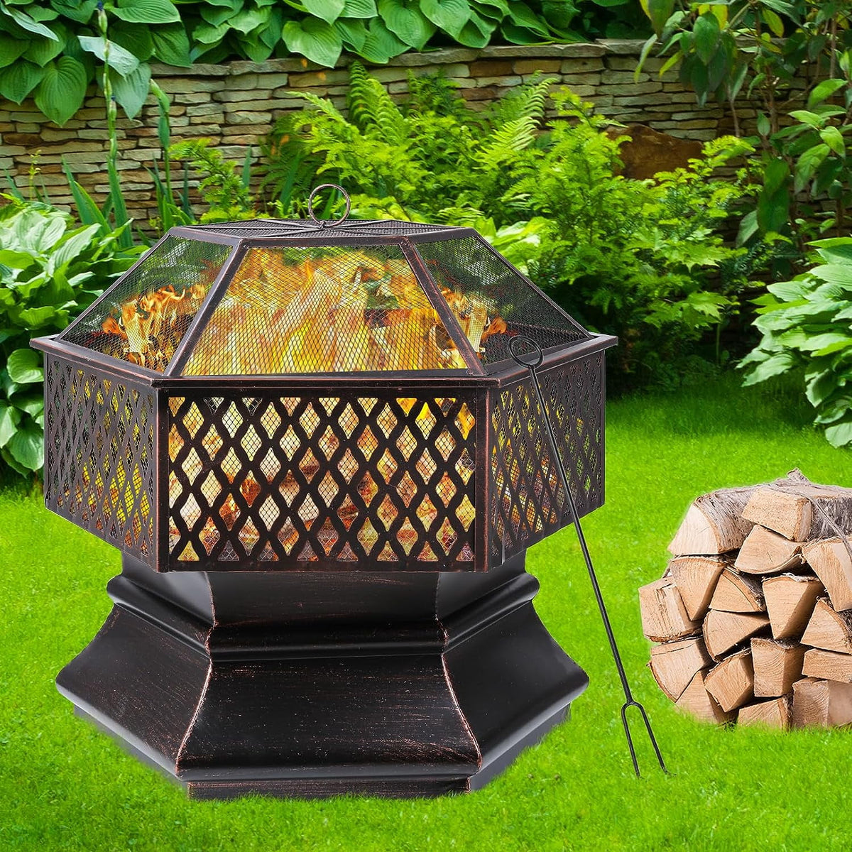 28'' Hex Shaped Steel Wood Burning Fire Pit with Spark Screen & Fire Poker H14804
