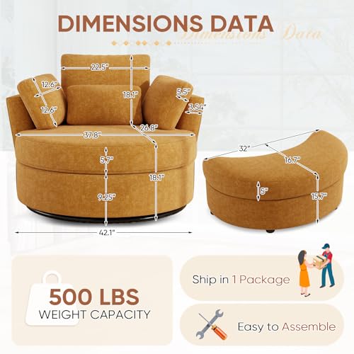 Oversized Orange Chenille Swivel Accent Chair with Storage Ottoman V14264