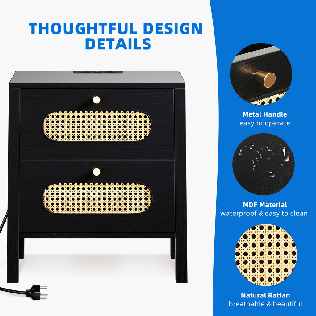 Black Rattan Nightstand with Charging Station Z4028