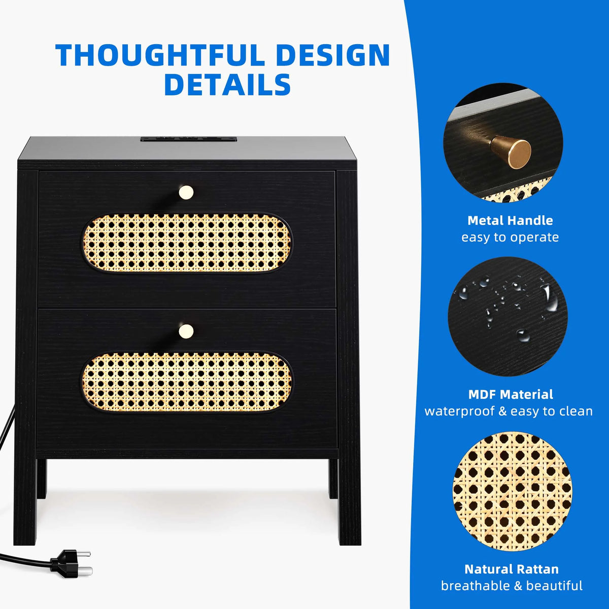 Black Rattan Nightstand with Charging Station Z4028