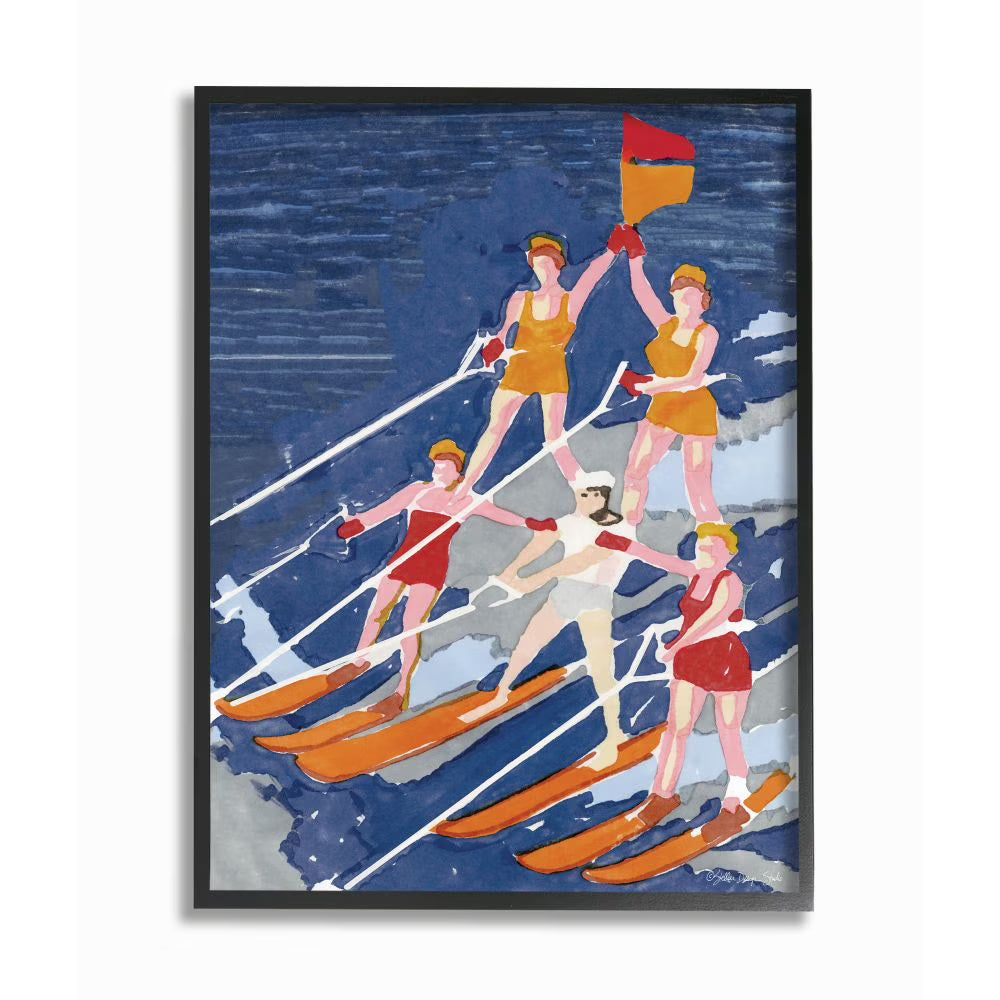 Retro Waterski Watercolor Painting Framed Wall Art, 24" x 30", Black Framed I8211