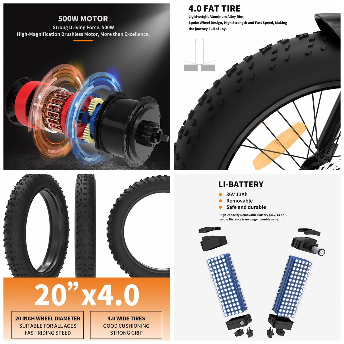 Folding 20x4 Inch Fat Tire Electric Bike with 500W Motor 36V 13AH Removable Lithium Battery T325395
