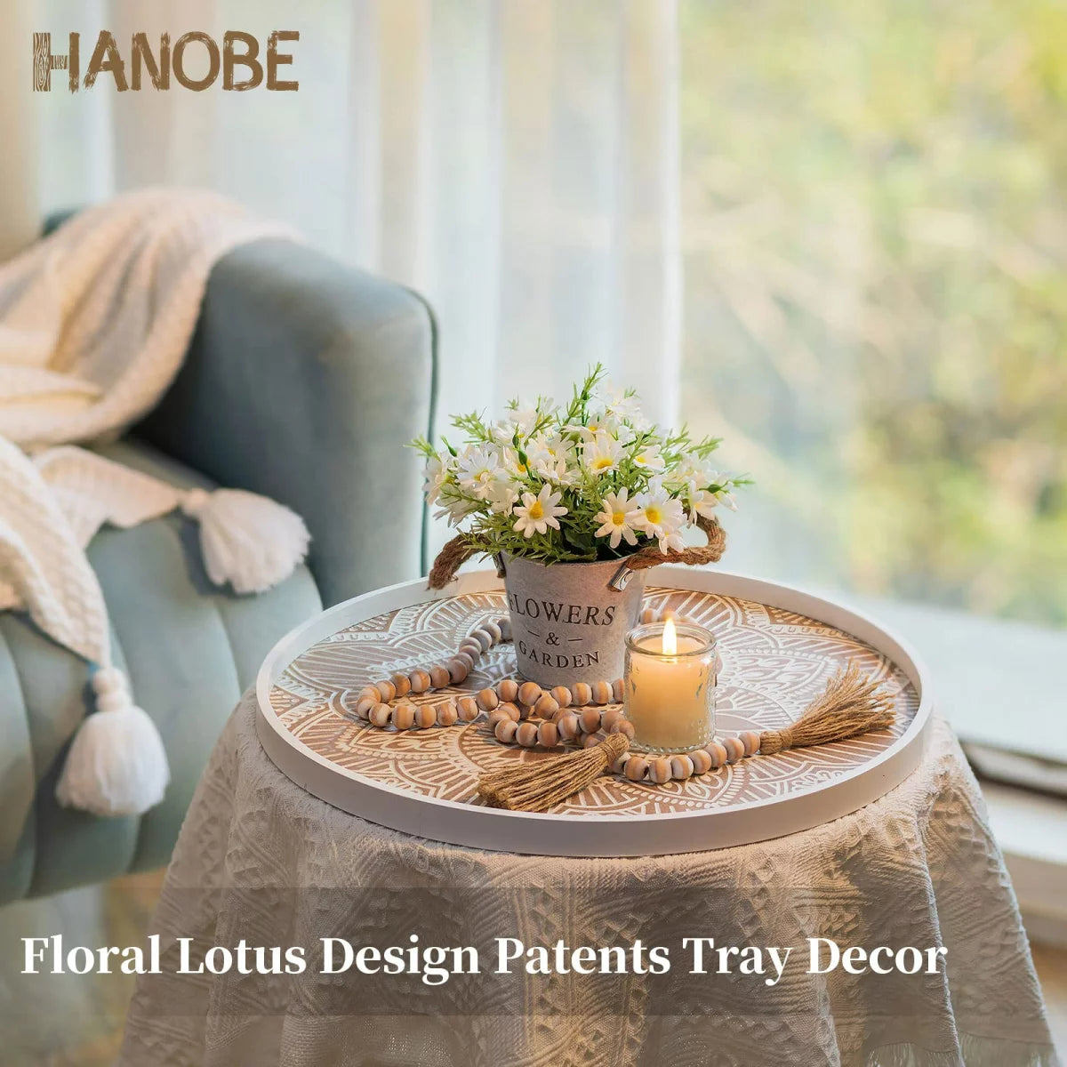 Round White Washed Wood Decorative Tray W7108