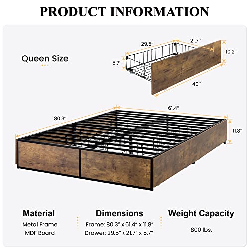 Queen Platform Bed Frame with Storage Drawers C27666