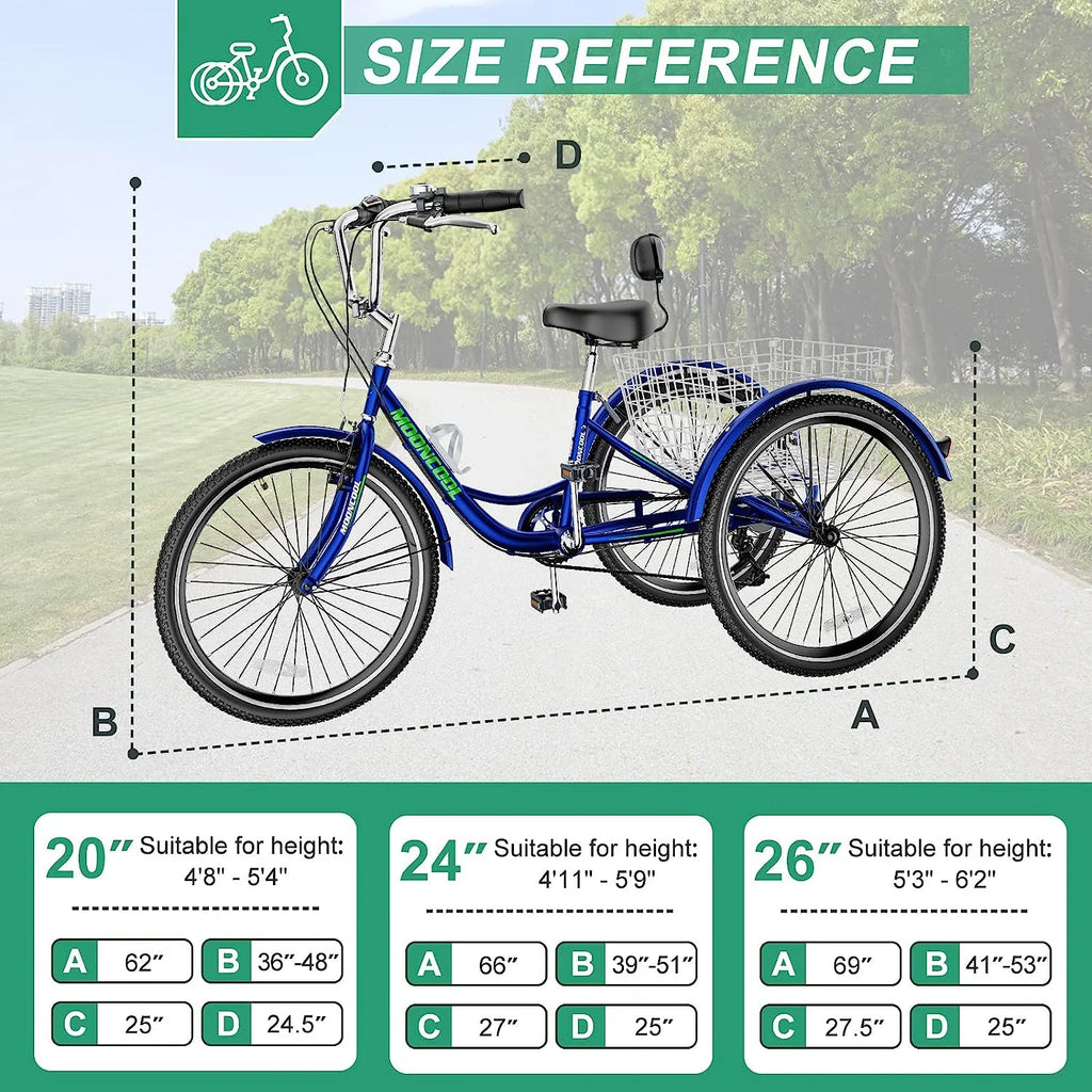 Blue Adult Tricycle 24" 7-Speed with Shopping Basket F8758