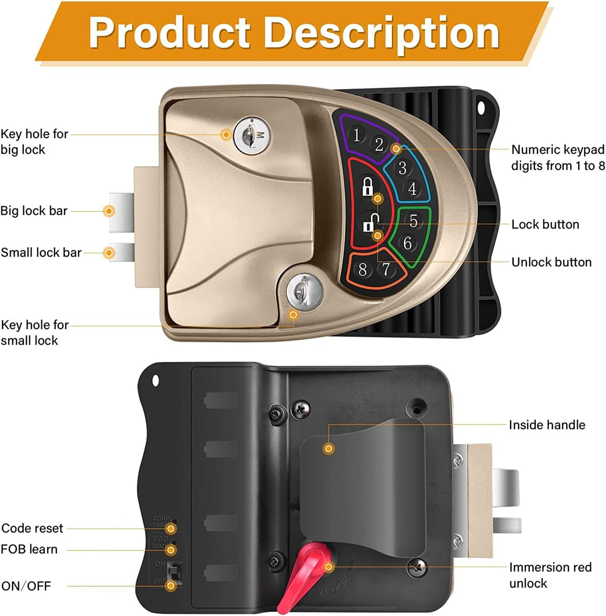 Waterproof Keyless RV Door Lock with Backlit Keypad and 2 Fobs and Key for 2.75 x 3.75 Lock Hole T756
