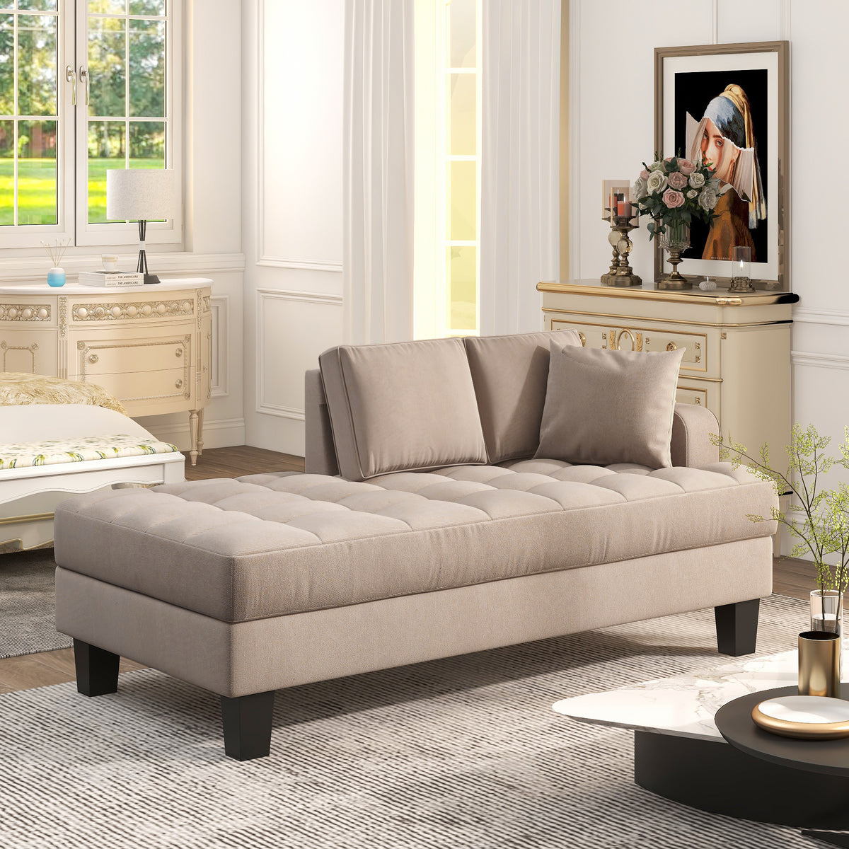 64" Deep Tufted Upholstered Textured Fabric Chaise Lounge with Toss Pillow, Warm Grey G824258