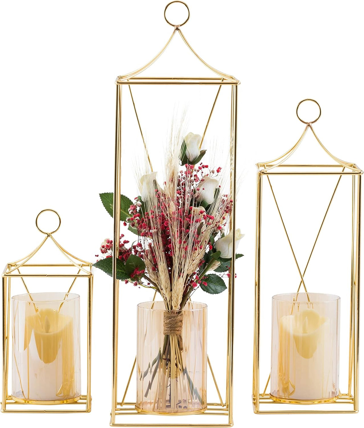 Set of 3 Gold Decorative Tall Lanterns with Candle Holder R799266