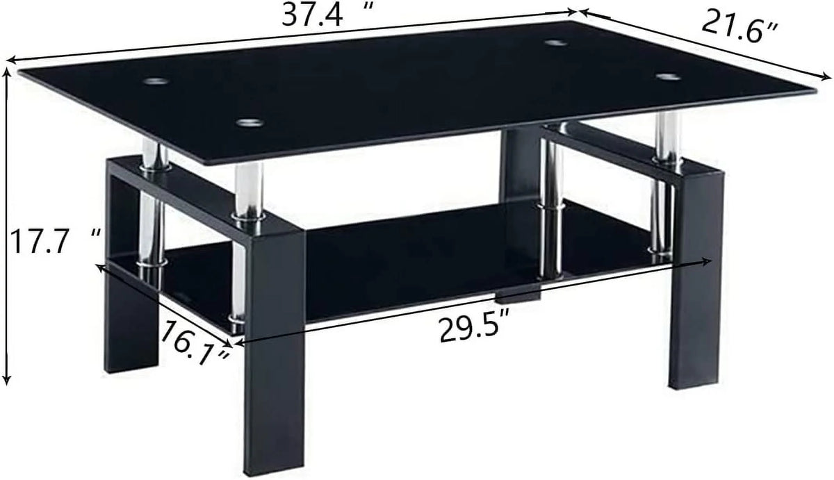 Rectangle Glass Coffee Table with Lower Storage Shelf 2-Tier U7995
